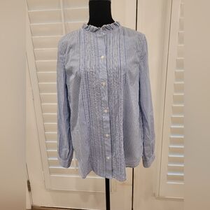 J. Crew Light Blue and White Striped Pintuck Button-Front Blouse